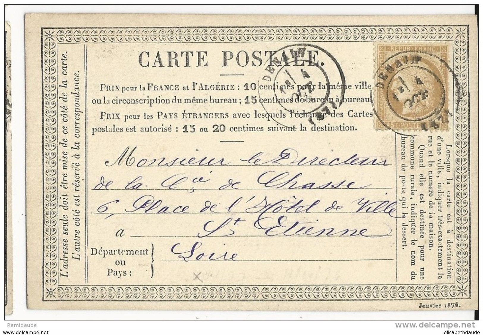 NORD - 1876 - CARTE PRECURSEUR ENTIER Avec REPIQUAGE PRIVE Des FORGES De DENAIN - Vorläufer