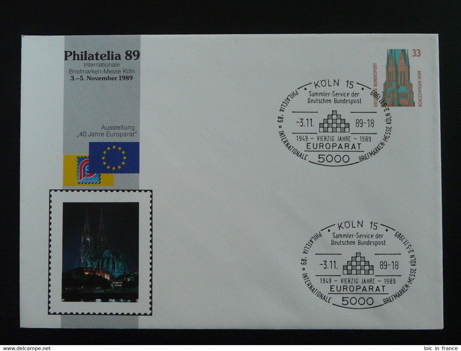 Entier Postal Stationery 40 Ans Parlement Européen Europarat Europe Koln 1989 (ex 1) - Enveloppes Privées - Oblitérées