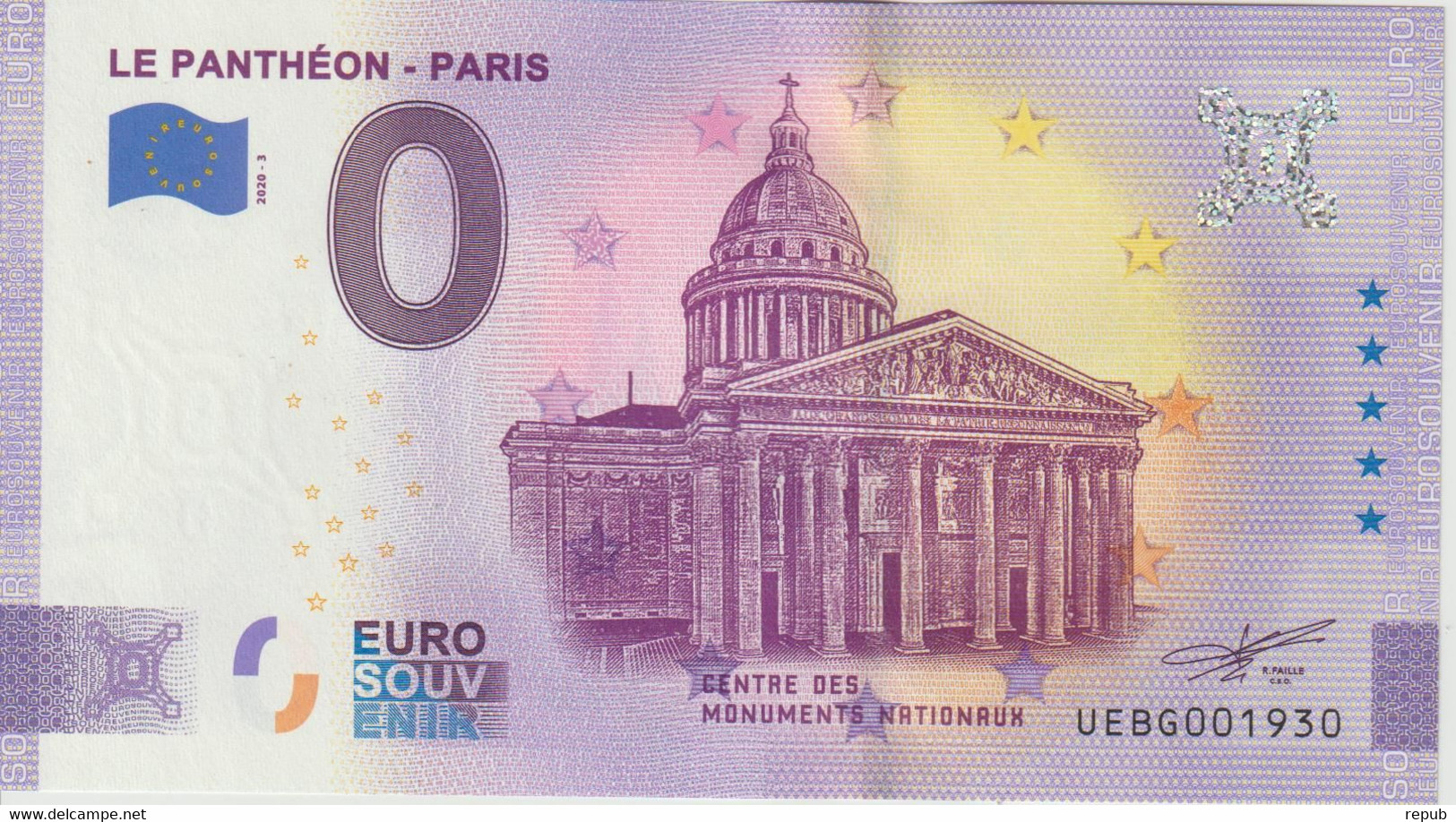 Billet Touristique 0 Euro Souvenir France 75 Panthéon 2020-3 N°UEBG001930 - Private Proofs / Unofficial