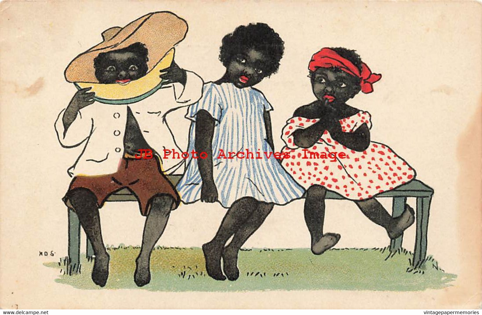 313941-Black Americana, Kosmos Art, Signed ADS, Boy Sitting On Bench Eating Melon - Black Americana