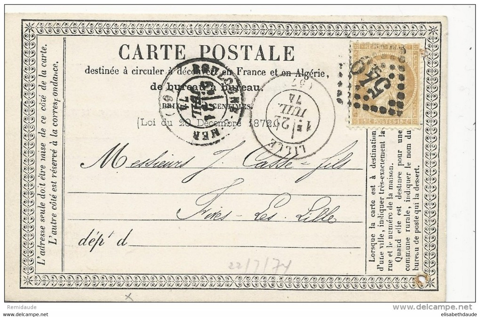 PAS DE CALAIS - 1874 - CARTE PRECURSEUR ENTIER Avec REPIQUAGE PRIVE De LEBEAU (COTON) De BOULOGNE Pour FIVES LES LILLE - Precursor Cards