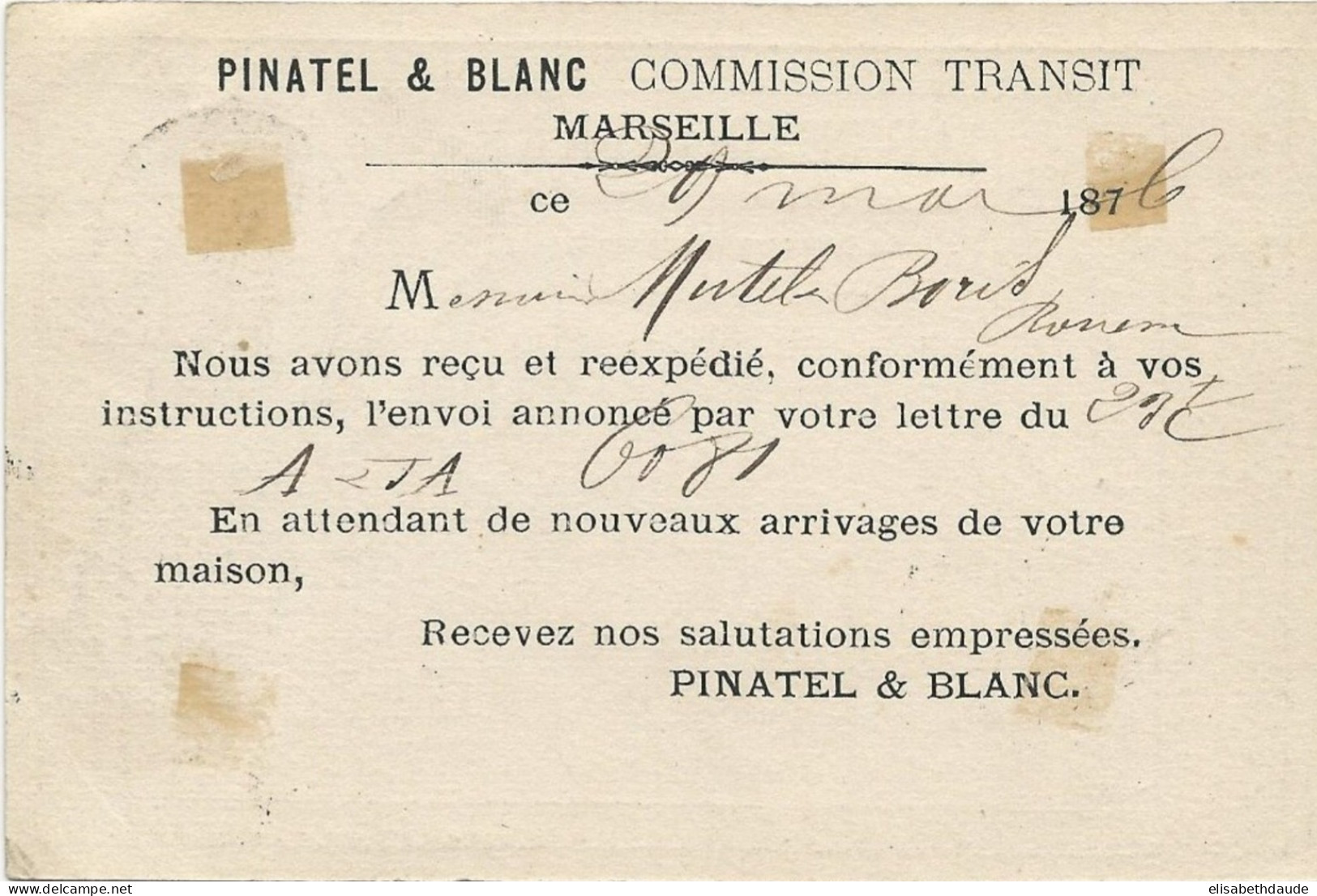 BdR - 1876 - CARTE PRECURSEUR ENTIER CERES Avec REPIQUAGE PRIVE De PINATEL (COMMISSION TRANSIT) De MARSEILLE Pour ROUEN - Tarjetas Precursoras