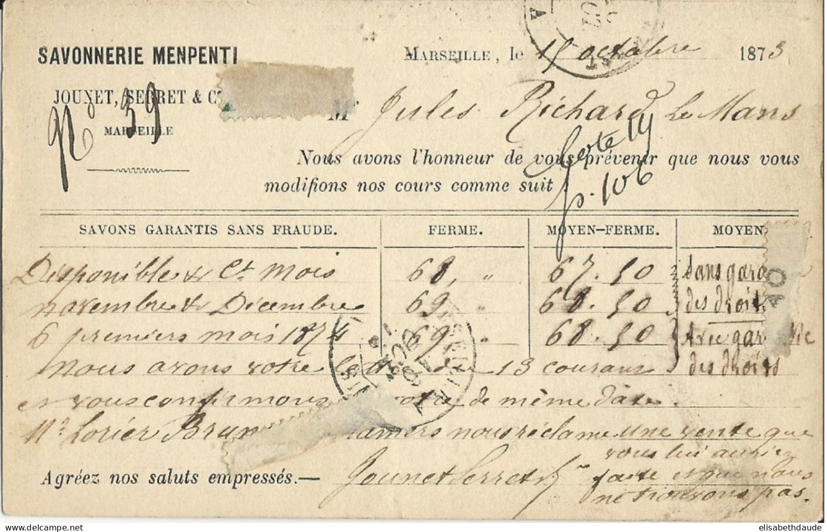 BdR - 1873 - CARTE PRECURSEUR ENTIER CERES Avec REPIQUAGE PRIVE De SAVONNERIE MENPETI De MARSEILLE Pour LE MANS - Vorläufer