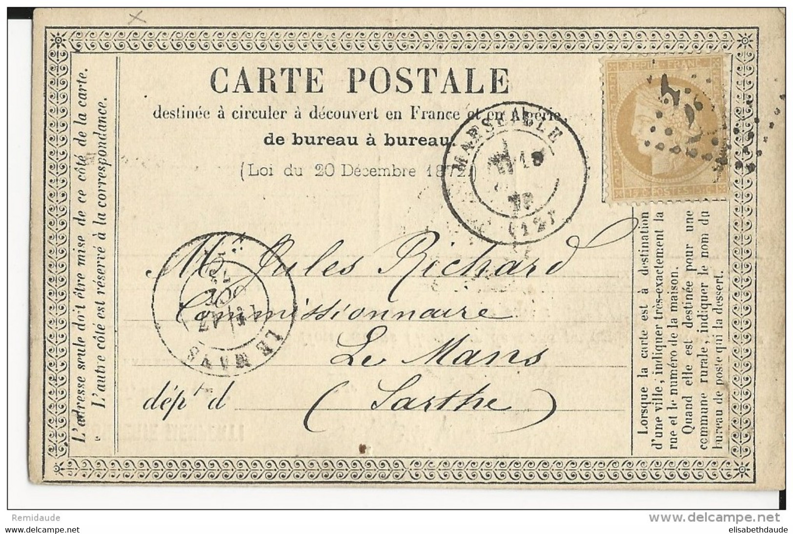 BdR - 1873 - CARTE PRECURSEUR ENTIER CERES Avec REPIQUAGE PRIVE De SAVONNERIE MENPETI De MARSEILLE Pour LE MANS - Cartoline Precursori