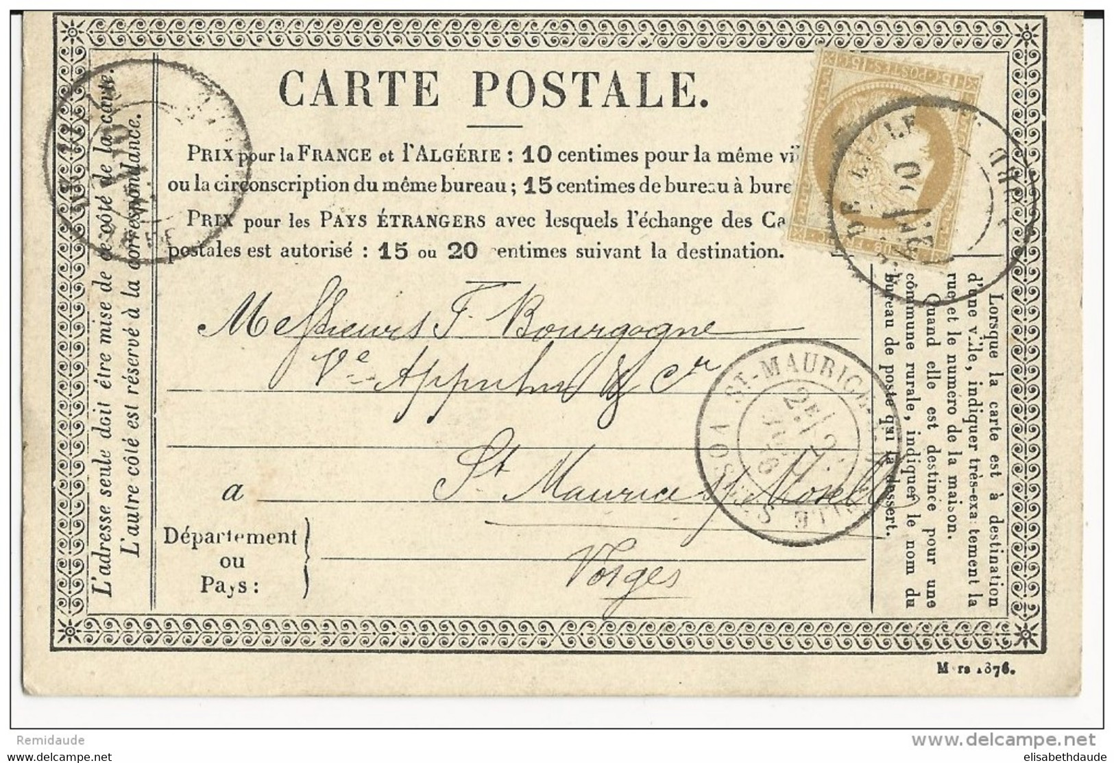 NORD - 1876 - CARTE PRECURSEUR ENTIER CERES REPIQUAGE PRIVE De BORISSOW à LILLE Pour ST MAURICE S/MOSELLE (VOSGES) - Precursor Cards