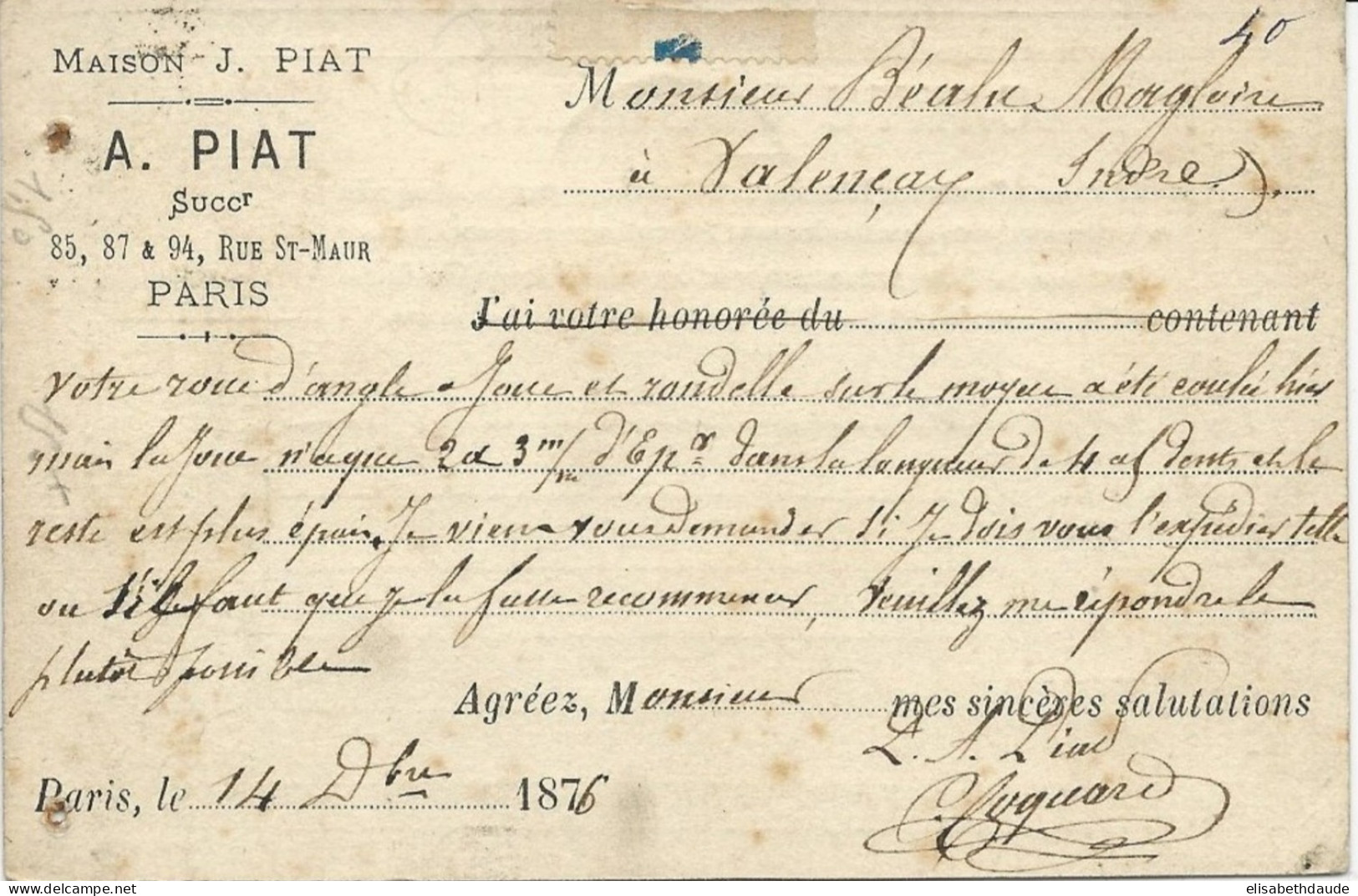 SEINE - 1876 - CP PRECURSEUR ENTIER MIXTE CERES/SAGE REPIQUAGE PRIVE ! De PIAT à PARIS - Cartes Précurseurs