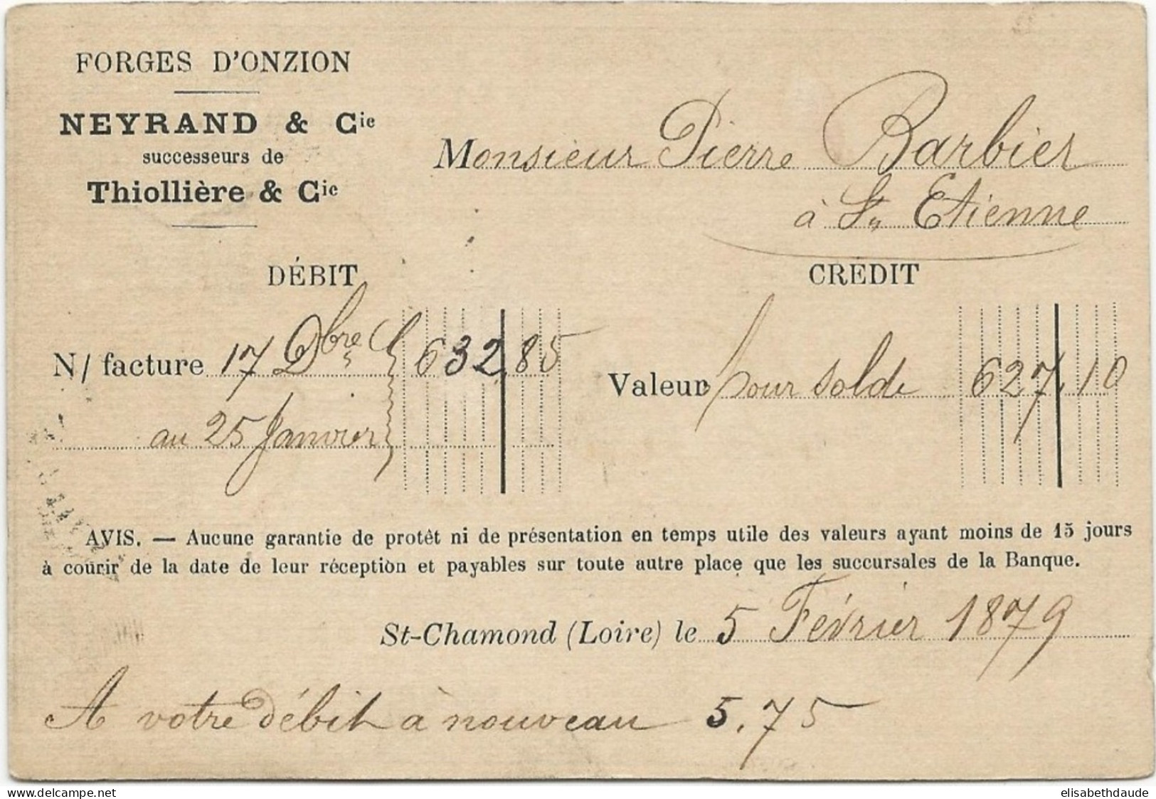 LOIRE - 1879 - CP PRECURSEUR ENTIER SAGE REPIQUAGE PRIVE Des FORGES D'ONZION à ST CHAMOND (CONVOYEUR) - Tarjetas Precursoras