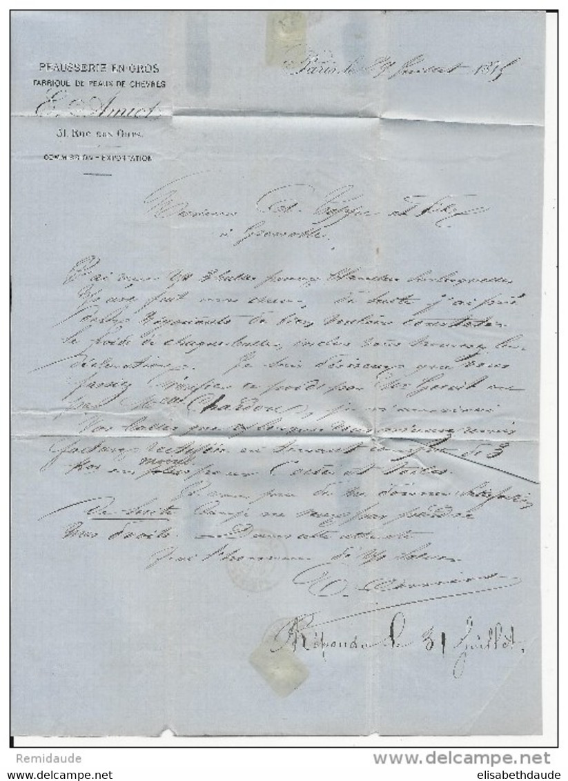 MIXTE SIEGE + CERES - 1875 - LETTRE RECOMMANDEE De PARIS Avec ETOILE PLEINE + DATEUR ROUGE Pour GRENOBLE - 1871-1875 Cérès