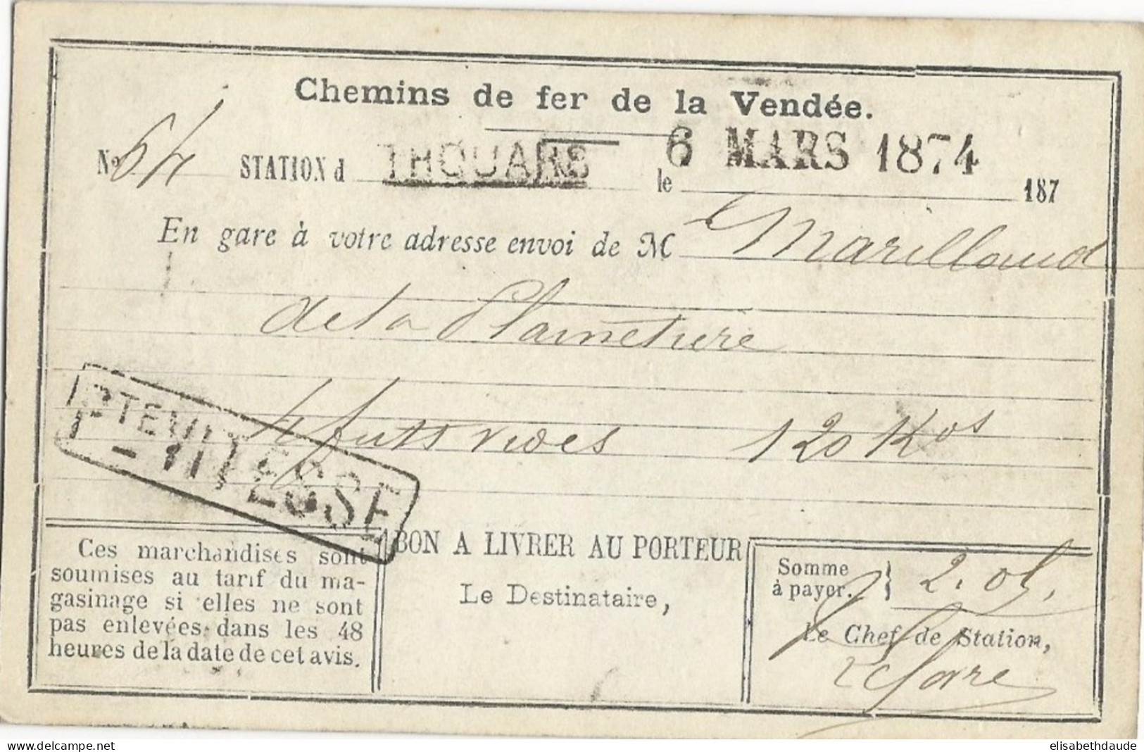 1874 - CARTE PRECURSEUR ENTIER Avec RARE REPIQUAGE PRIVE Des CHEMINS DE FER De La VENDEE - FERROVIAIRE - Precursor Cards