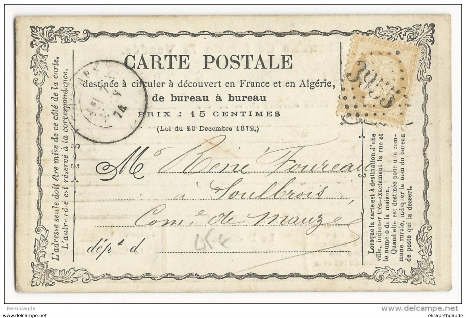 1874 - CARTE PRECURSEUR ENTIER Avec RARE REPIQUAGE PRIVE Des CHEMINS DE FER De La VENDEE - FERROVIAIRE - Tarjetas Precursoras