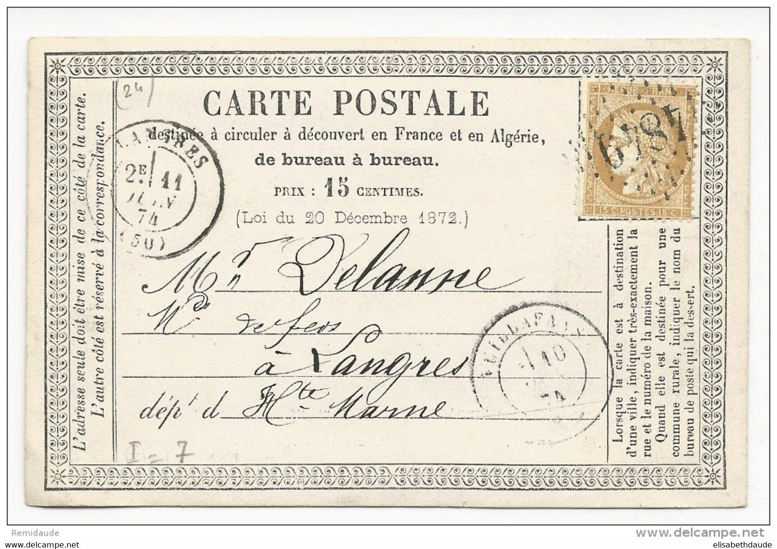 DOUBS - 1874 - CARTE PRECURSEUR ENTIER CERES REPIQUAGE PRIVE LAMBERT à VUILLAFANS - Precursor Cards