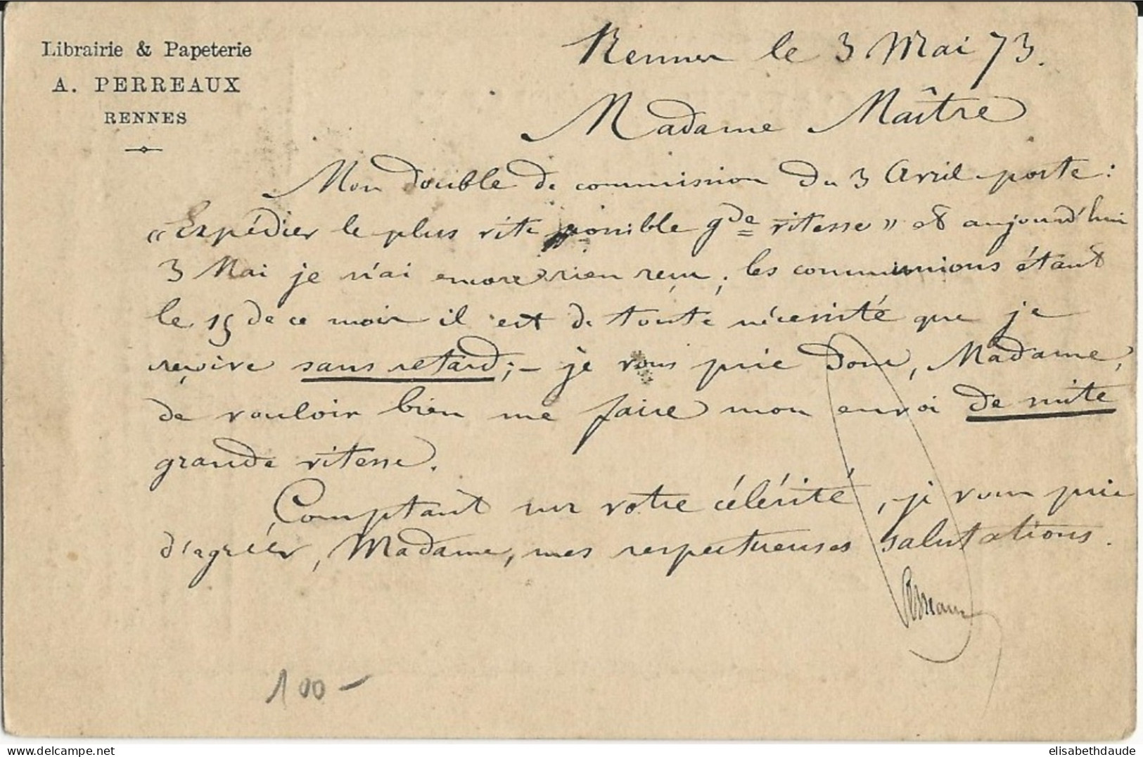 ILLE ET VILAINE - 1873 - CARTE PRECURSEUR ENTIER CERES REPIQUAGE PRIVE LIBRAIRIE PERREAUX à RENNES - Voorloper Kaarten