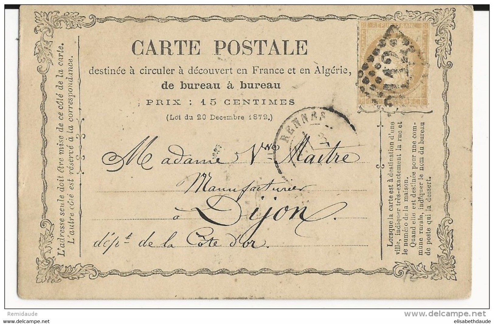 ILLE ET VILAINE - 1873 - CARTE PRECURSEUR ENTIER CERES REPIQUAGE PRIVE LIBRAIRIE PERREAUX à RENNES - Cartes Précurseurs