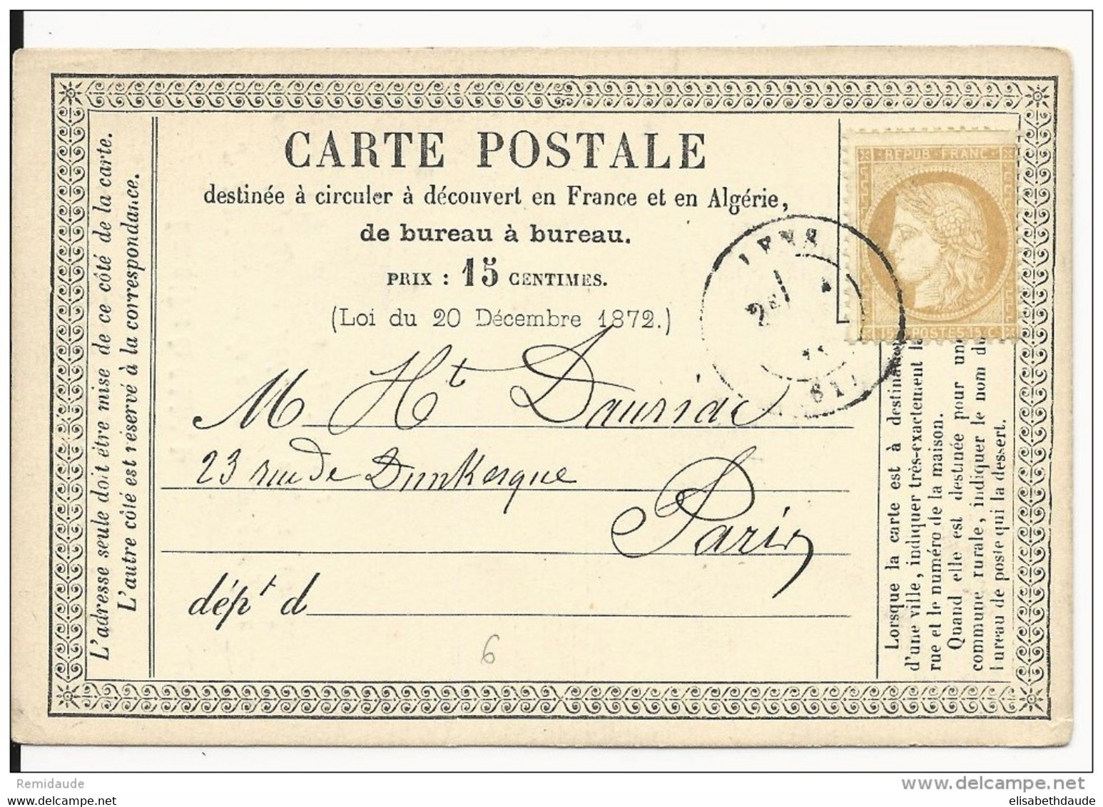 PAS DE CALAIS - 1874 - CARTE PRECURSEUR ENTIER CERES REPIQUAGE PRIVE SOCIETE Des MINES De LENS - Precursor Cards