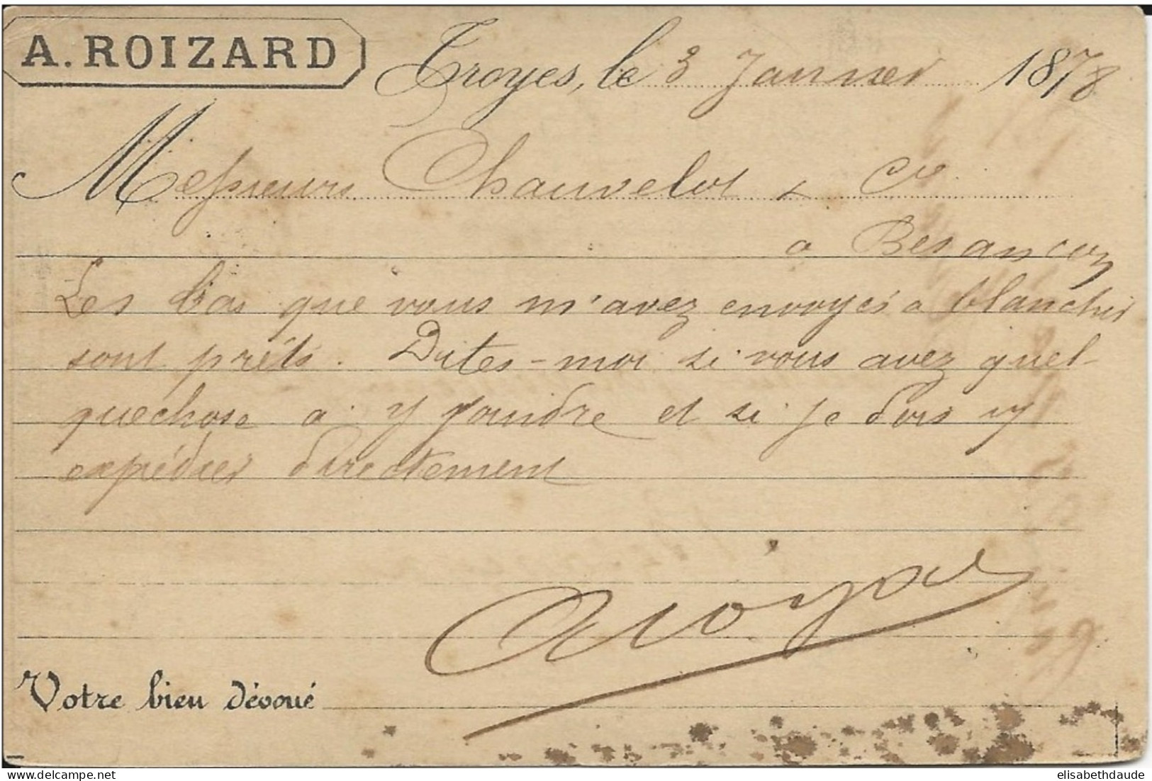 AUBE - 1881 - CARTE PRECURSEUR ENTIER SAGE REPIQUAGE PRIVE ROIZARD à TROYES - Cartoline Precursori