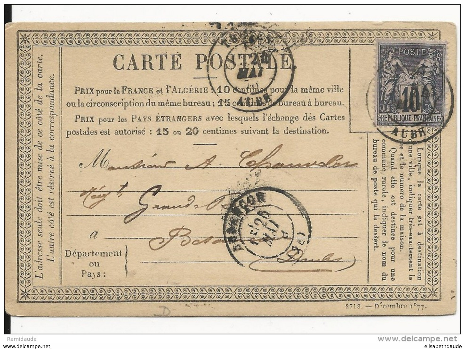 AUBE - 1878 - CARTE PRECURSEUR ENTIER SAGE REPIQUAGE PRIVE BONNETERIE ROIZARD à TROYES - Cartes Précurseurs