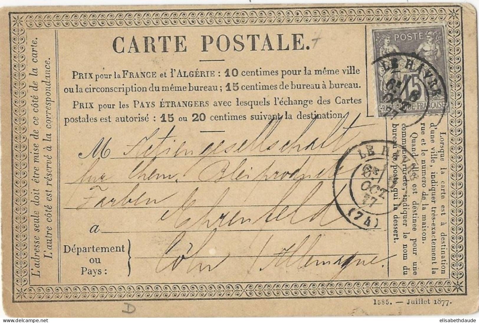 SEINE INFERIEURE - 1877 - CP PRECURSEUR ENTIER SAGE REPIQUAGE PRIVE TRANSPORT MARITIME MOHR à LE HAVRE => ALLEMAGNE !! - Precursor Cards