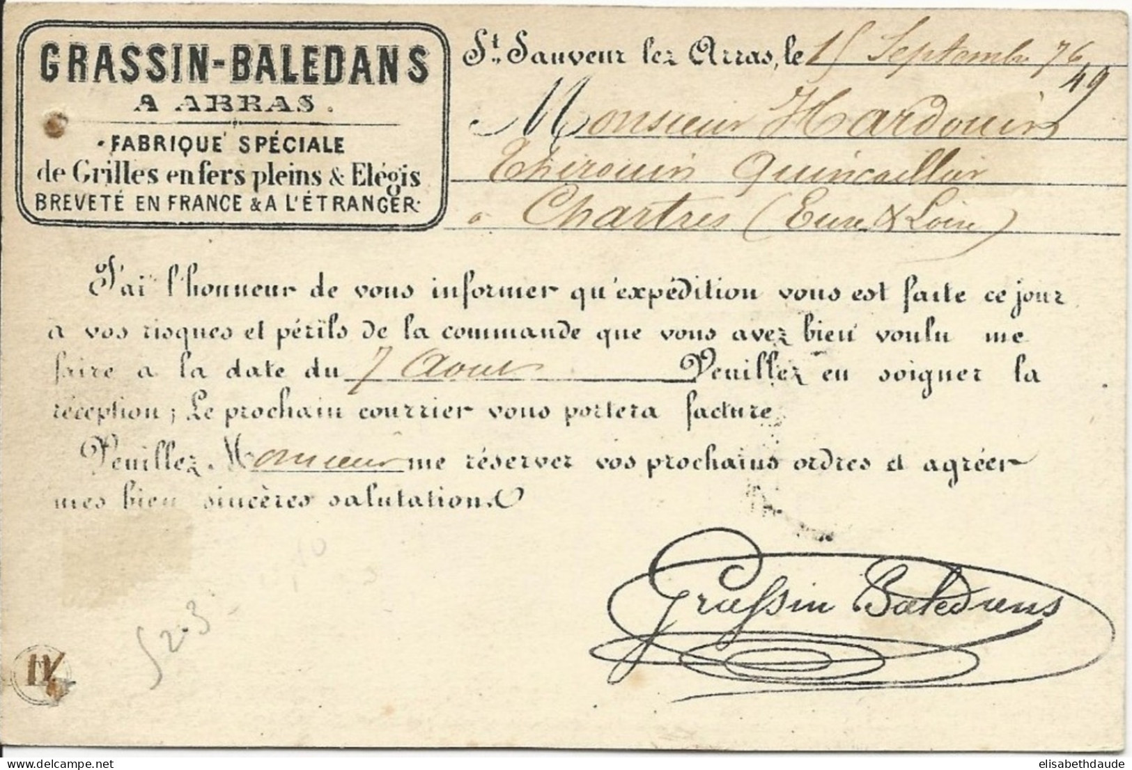 PAS DE CALAIS - 1876 - CARTE PRECURSEUR ENTIER CERES REPIQUAGE PRIVE GRASSIN à ST SAUVEUR LEZ ARRAS - Cartes Précurseurs