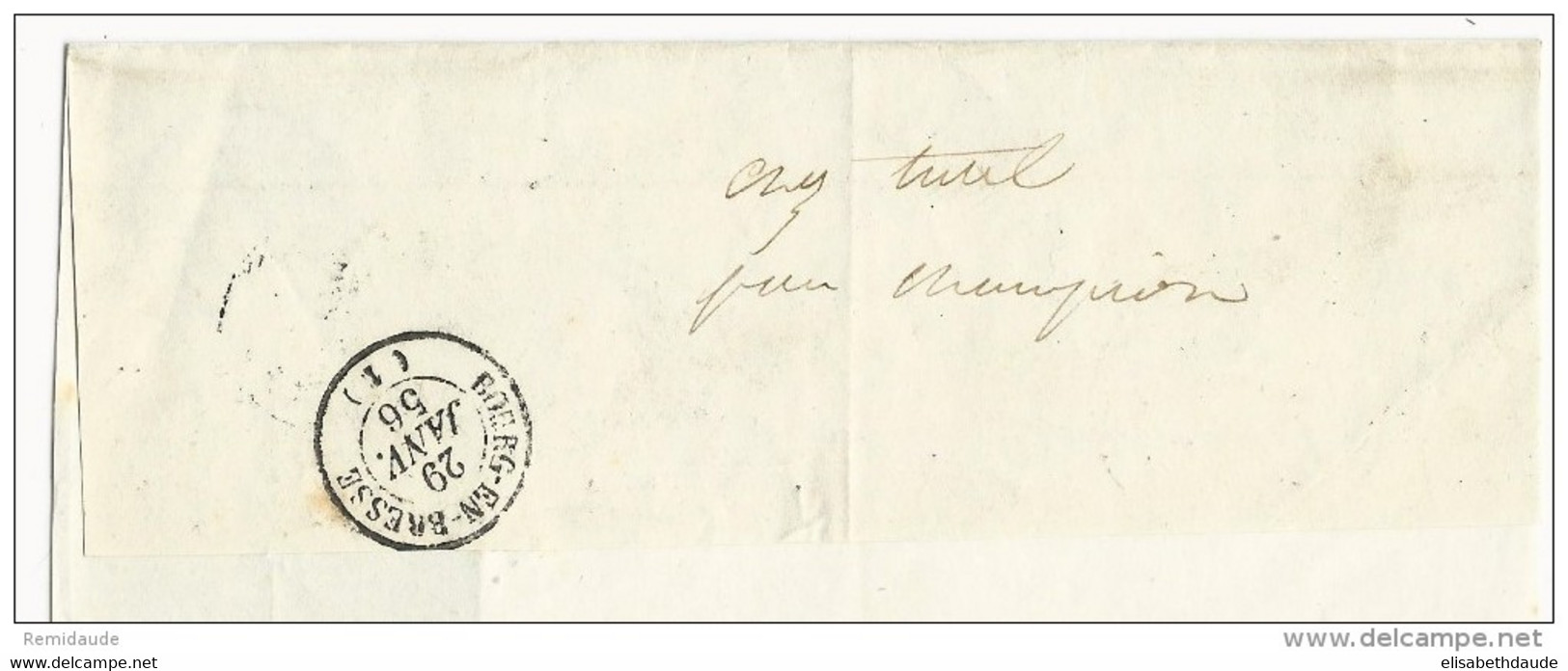 1856 - AIN - EMPIRE 20c BLEU FONCE X2 Sur LETTRE INCOMPLETE (INCOMPLETE) De TREVOUX Pour BOURG - 1853-1860 Napoleon III