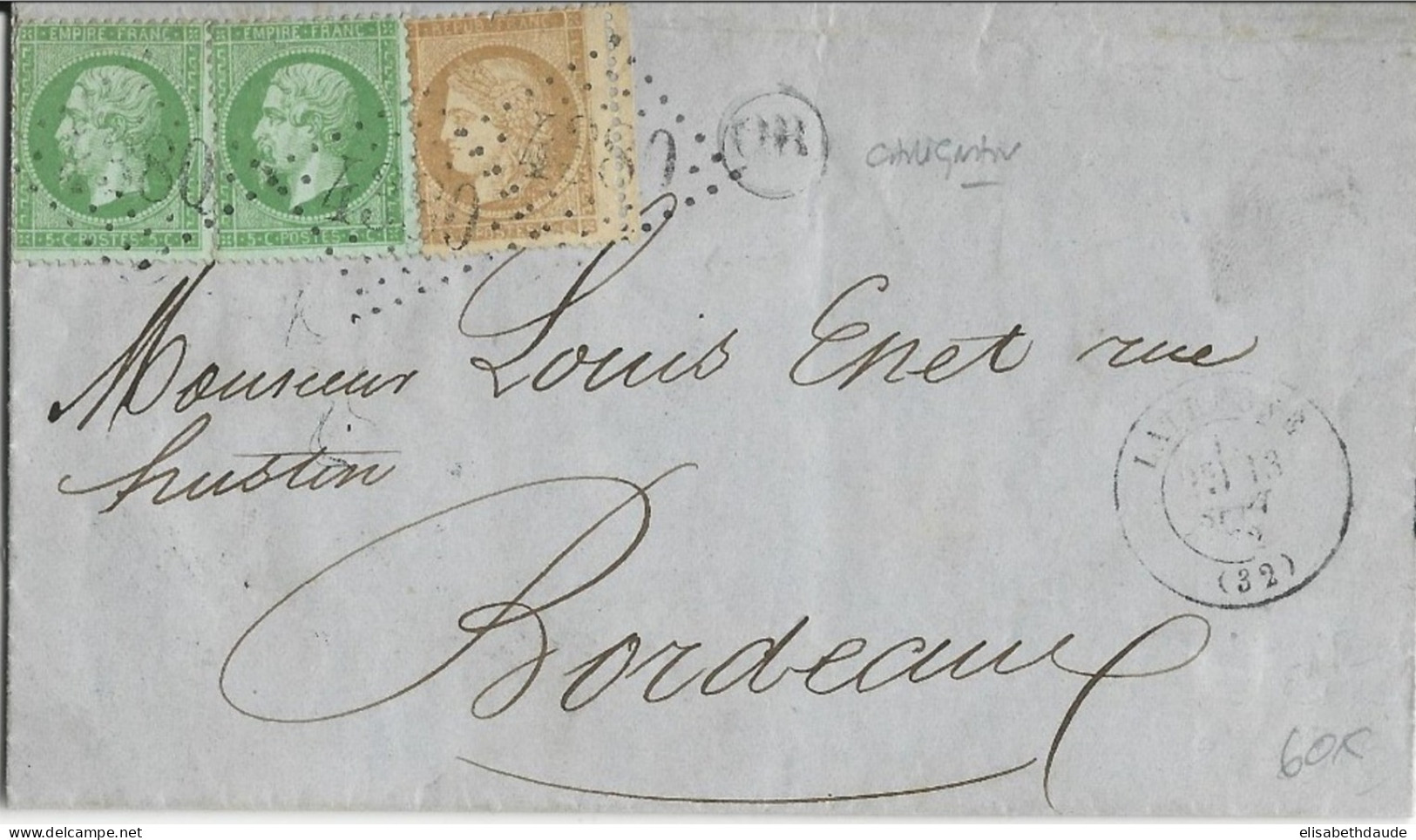 1864 - GIRONDE - LETTRE Avec AFFRANCHISSEMENT MIXTE EMPIRE/CERES De CARIGNAN Avec ORIGINE RURALE + GC 4380 De LATRESNE - 1871-1875 Cérès