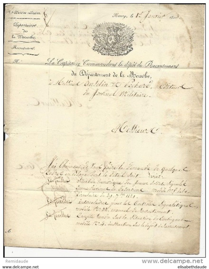 MEURTHE ET MOSELLE / DEPOT MILITAIRE ! - 1823 - LETTRE PORT PAYE BLEU !! De NANCY Pour PARIS - Army Postmarks (before 1900)