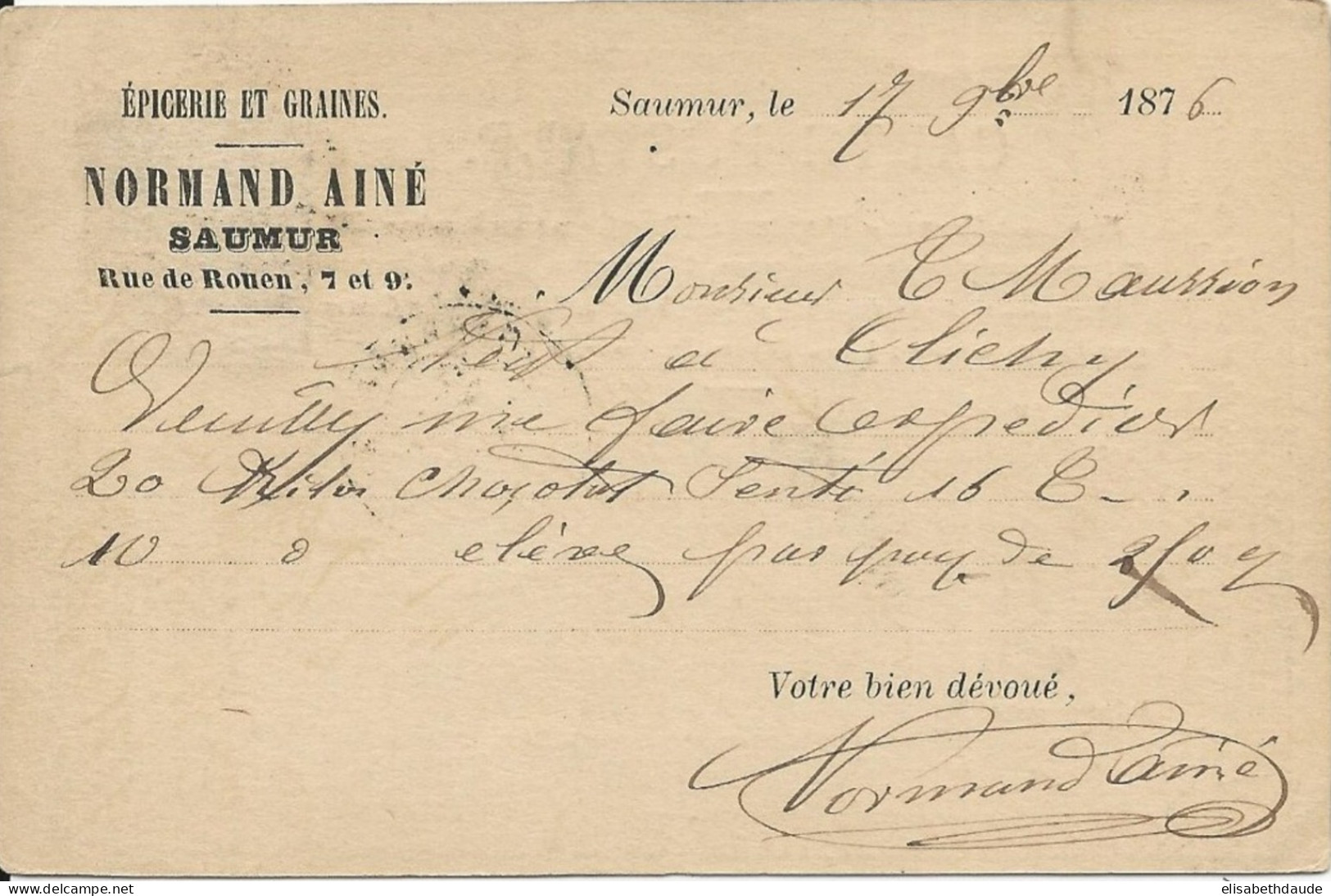 1876 - MAINE ET LOIRE - CARTE PRECURSEUR ENTIER Avec REPIQUAGE PRIVE "EPICERIE ET GRAINES" à SAUMUR - Cartes Précurseurs