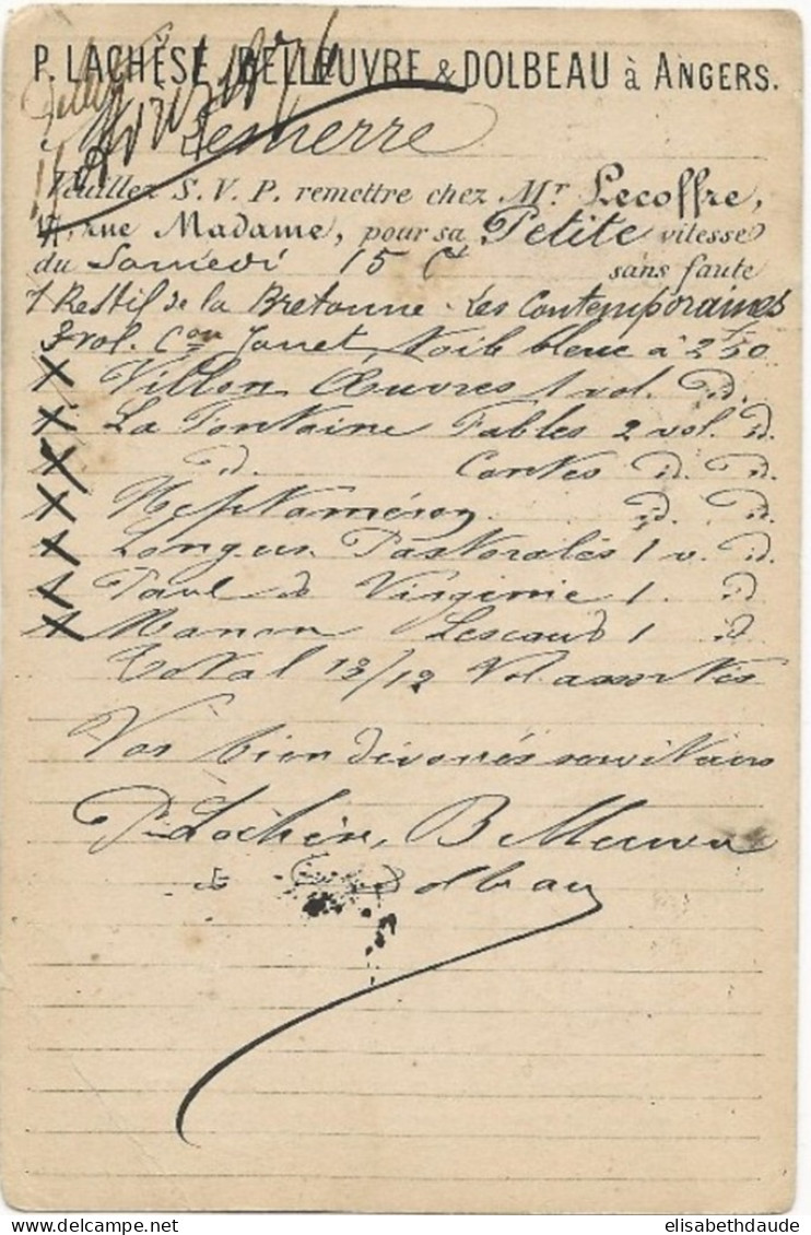 1876 - MAINE ET LOIRE - CARTE PRECURSEUR ENTIER Avec REPIQUAGE PRIVE "P.LACHESE..." à ANGERS - Cartoline Precursori