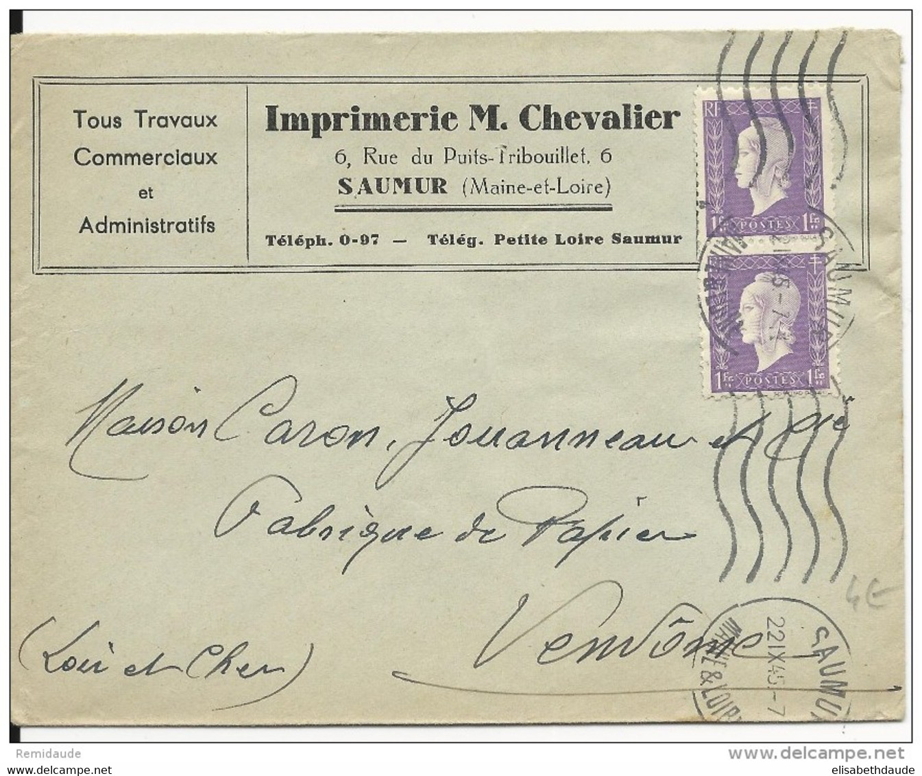 1945 - MAINE ET LOIRE - DULAC - ENVELOPPE COMMERCIALE IMPRIMERIE De ANGERS - 1944-45 Maríanne De Dulac