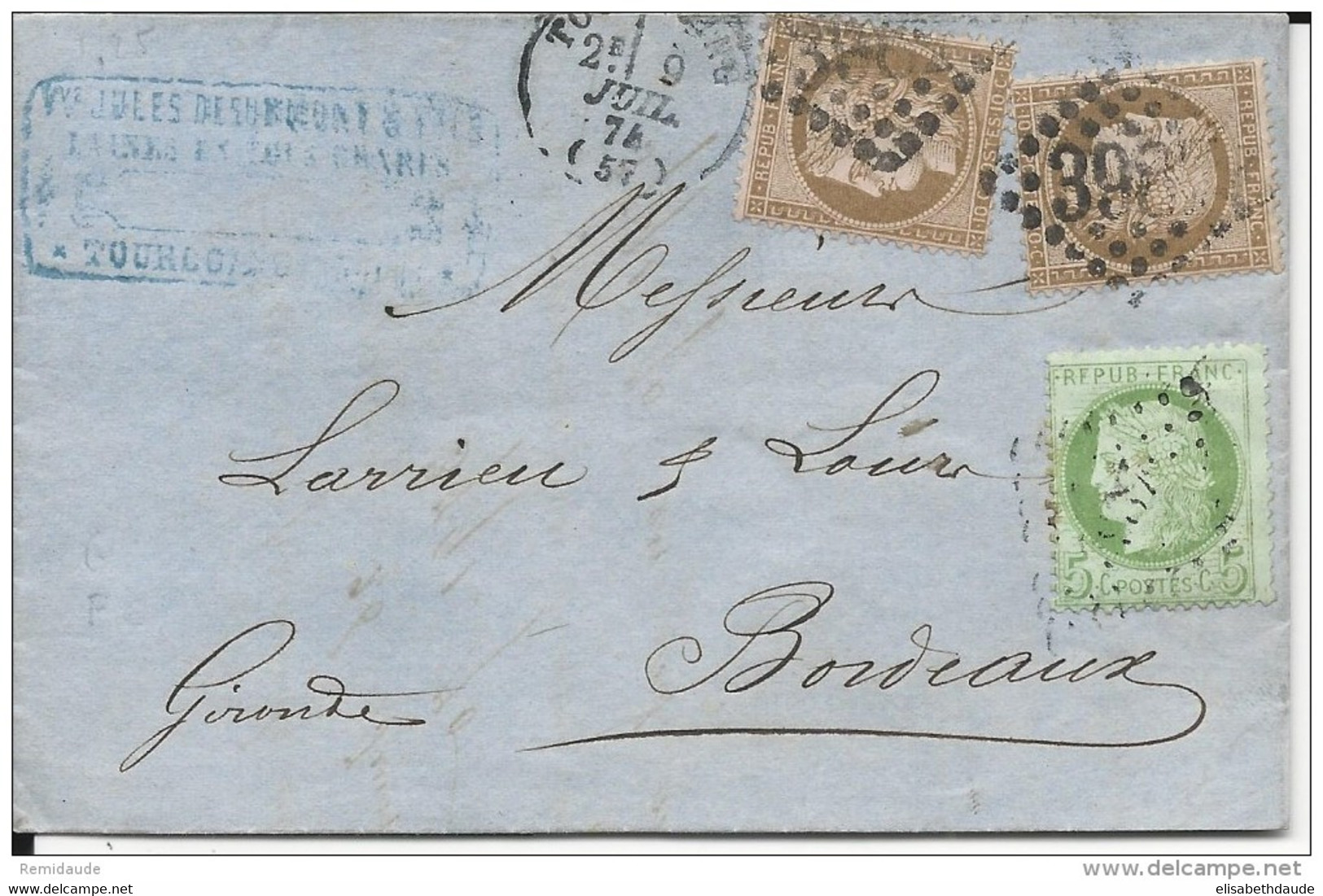 1874 - NORD - RARE COMBINAISON GC + PC Du GC 3987 De TOURCOING - LETTRE AFFRANCHIE D'ABORD à 20c PUIS COMPLETEE De 5c - 1871-1875 Cérès