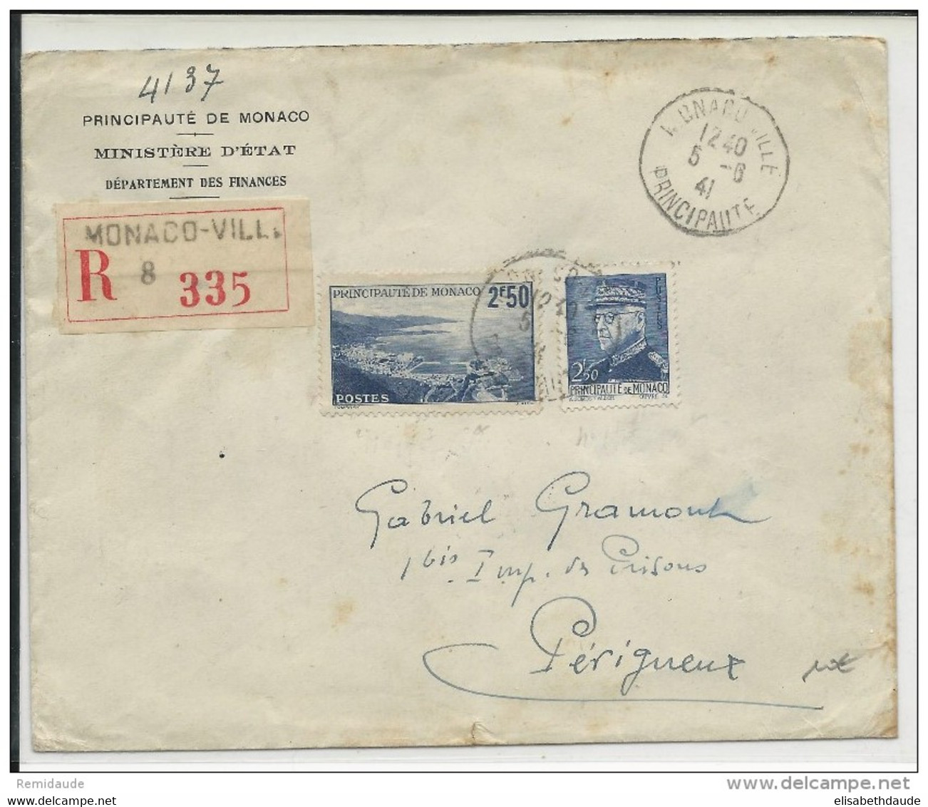 MONACO - 1941 - ENVELOPPE RECOMMANDEE De MONACO Pour PERIGUEUX - Poststempel