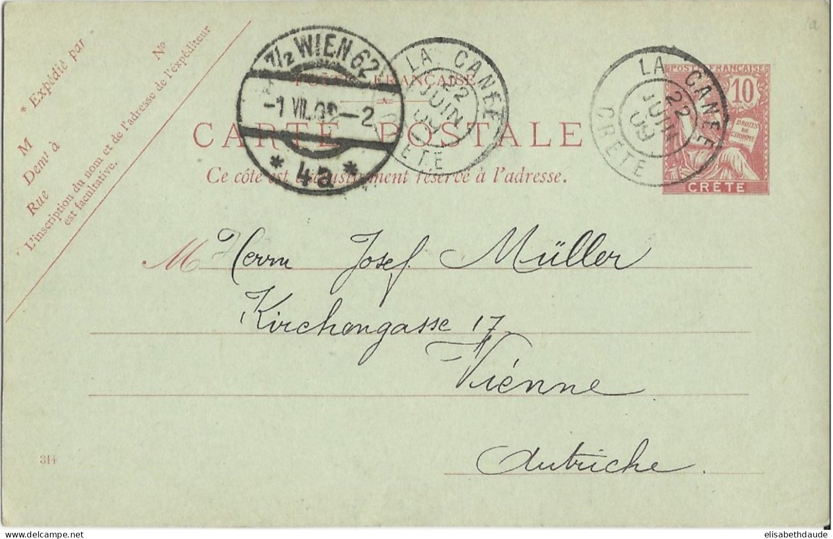 CRETE - MOUCHON - 1909 - CARTE ENTIER AVEC DATE "314" RARE OBLITEREE LA CANEE Pour WIEN (AUTRICHE) - Altri & Non Classificati