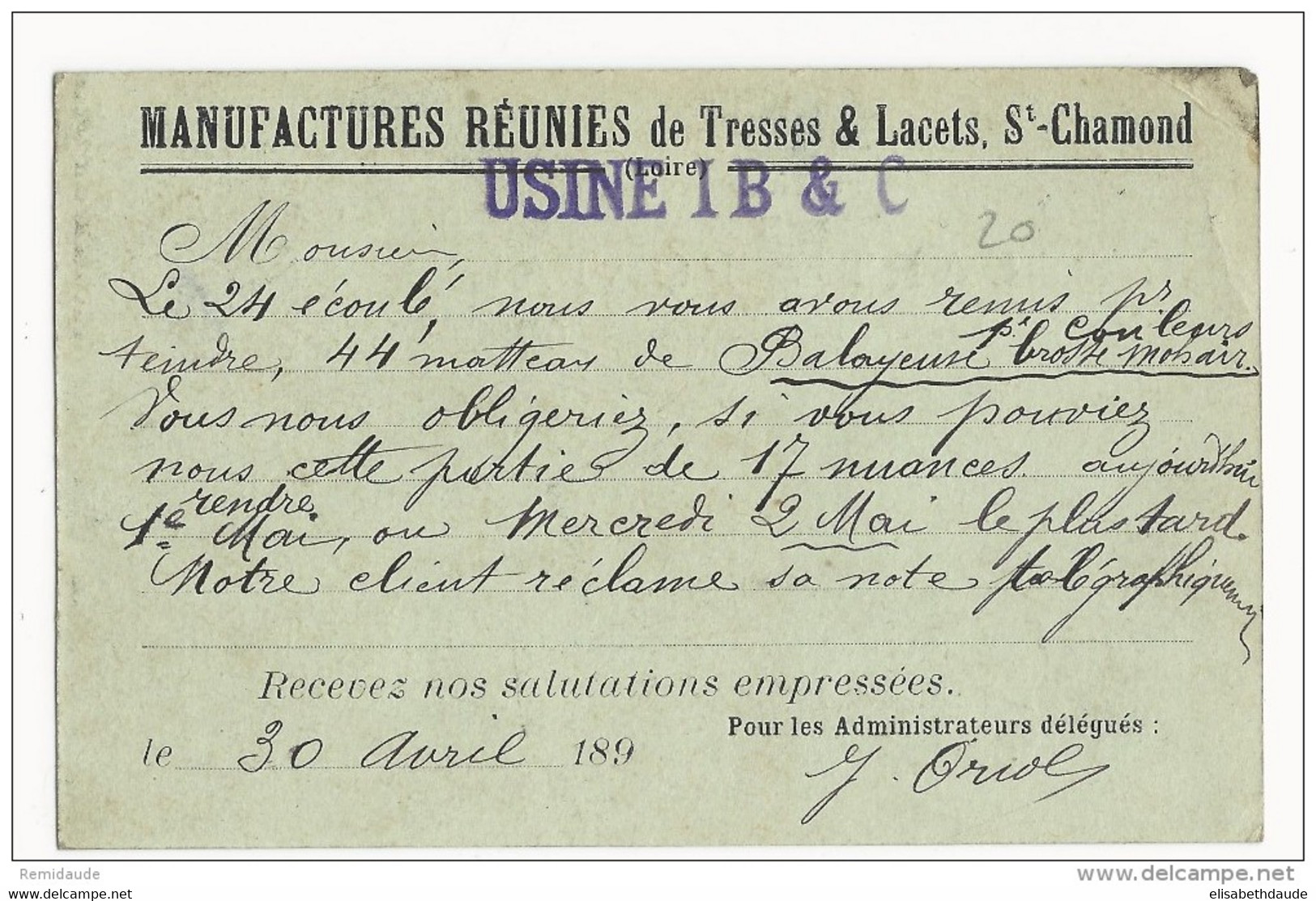 1900 - CARTE ENTIER SAGE Avec REPIQUAGE De MANUFACTURES De LACETS ET TRESSES à ST CHAMOND (LOIRE) Pour IZIEUX - Bijgewerkte Postkaarten  (voor 1995)