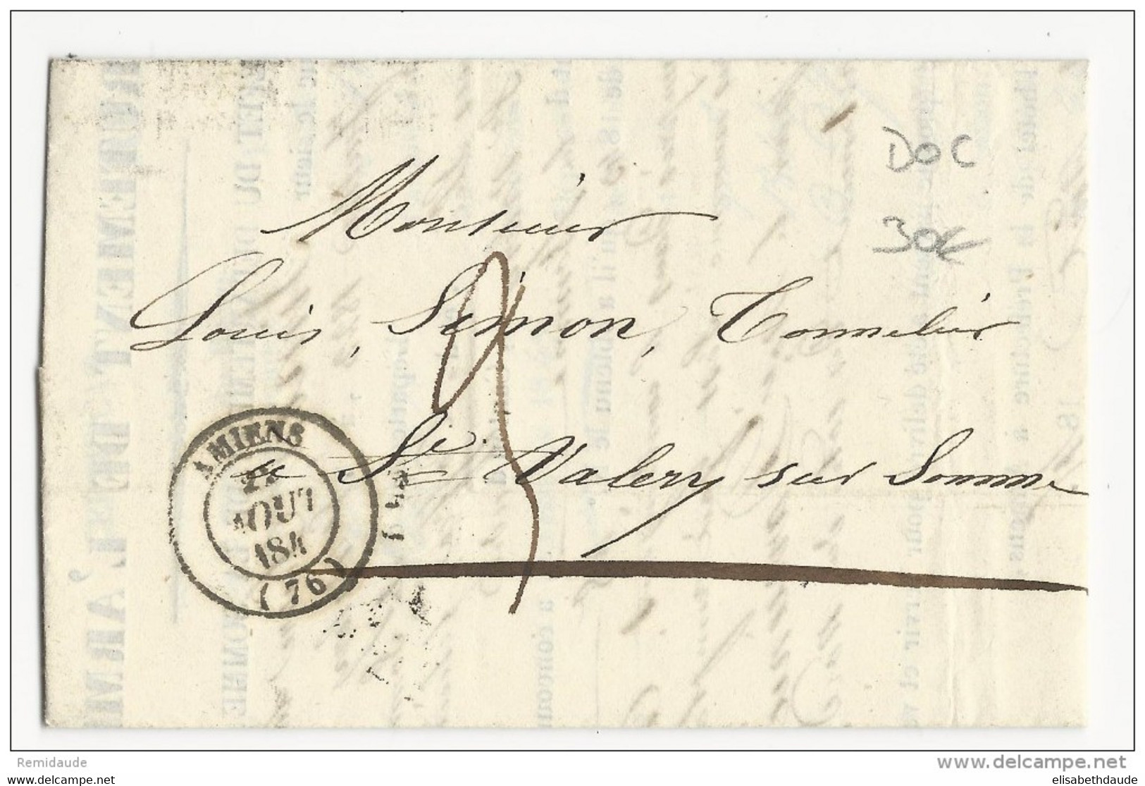 1845 - SOMME - LETTRE CERTIFICAT De RECRUTEMENT De L'ARMEE Du PREFET à AMIENS Pour ST VALERY - Army Postmarks (before 1900)