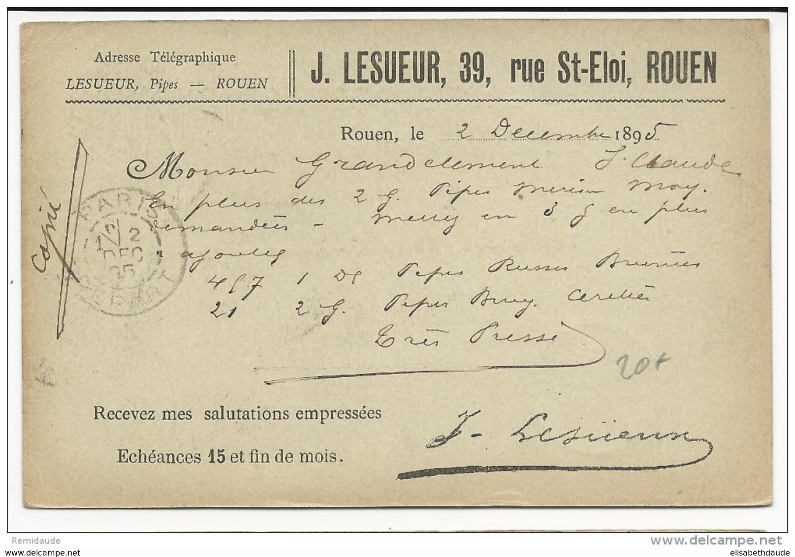1895 - CARTE ENTIER SAGE Avec REPIQUAGE De ROUEN (SEINE INFERIEURE) Pour ST CLAUDE (JURA) - Cartes Postales Repiquages (avant 1995)