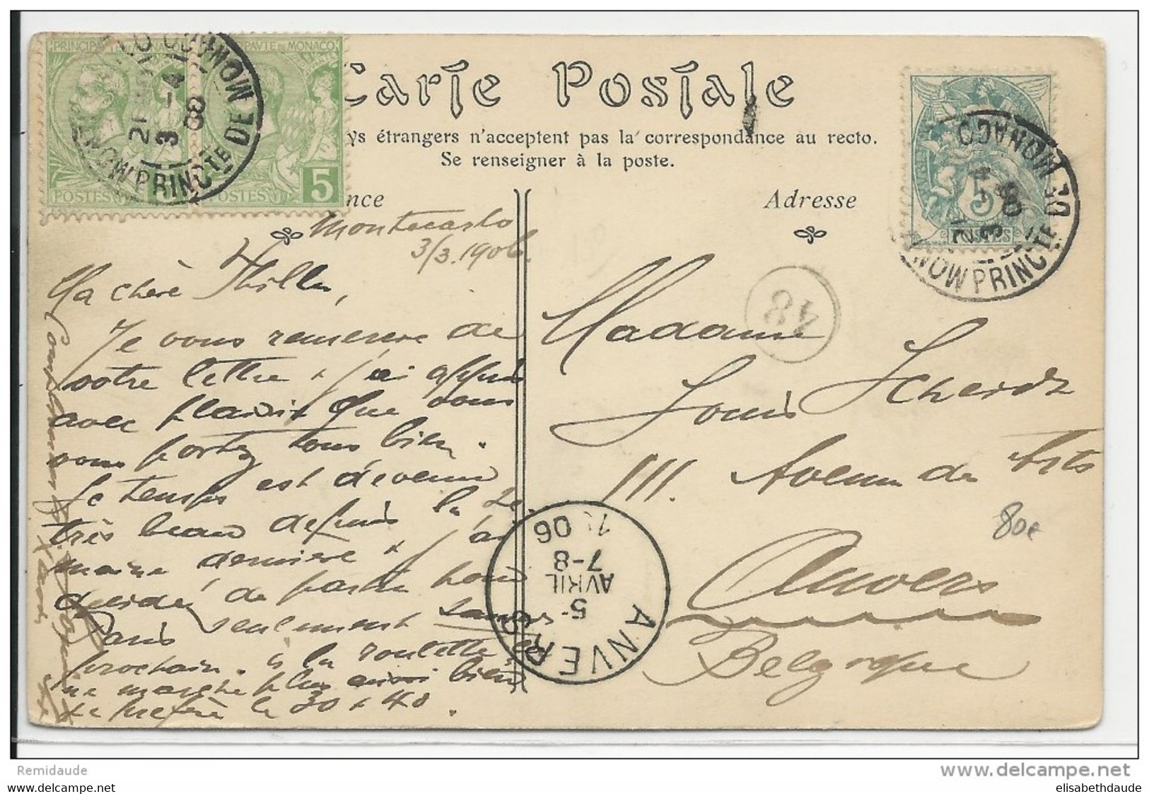 1906 - DOUBLE AFFRANCHISSEMENT MIXTE BLANC / MONACO Sur CARTE Pour ANVERS (BELGIQUE) - Storia Postale