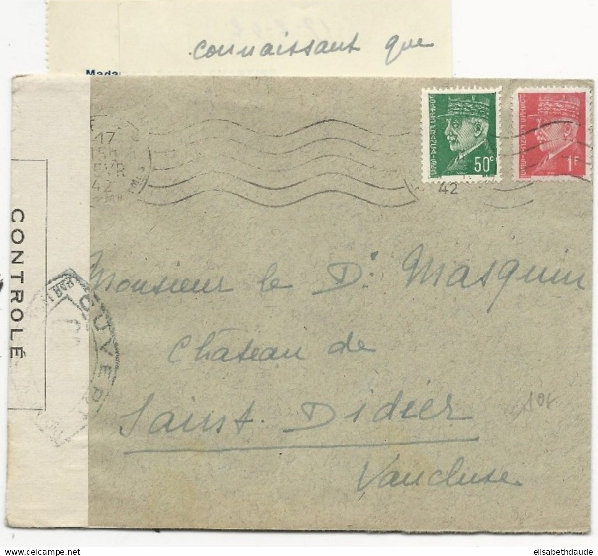 1942 - PETAIN - LETTRE Avec CENSURE De NICE Pour ST DIDIER (VAUCLUSE) - 1941-42 Pétain