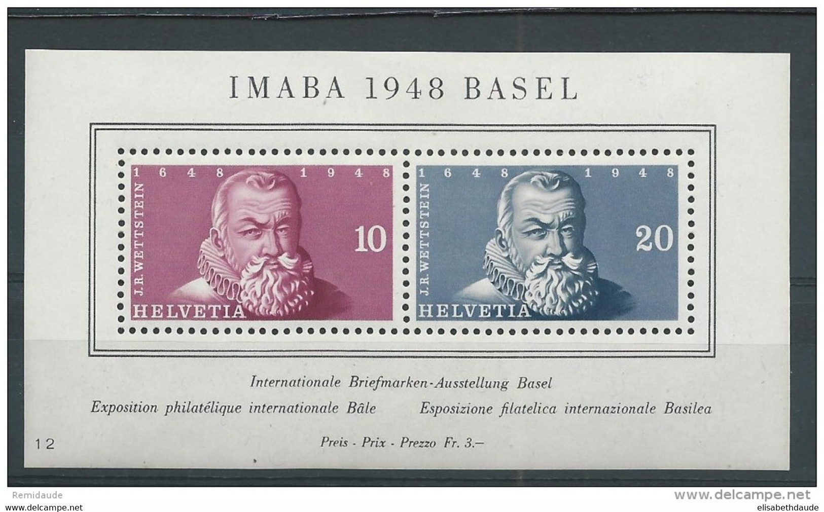 SUISSE - 1948 - BLOC YVERT N° 13 * - COTE = 65 EUROS (TIMBRES ** MNH : COTE = 100 SFR) - Blocs & Feuillets