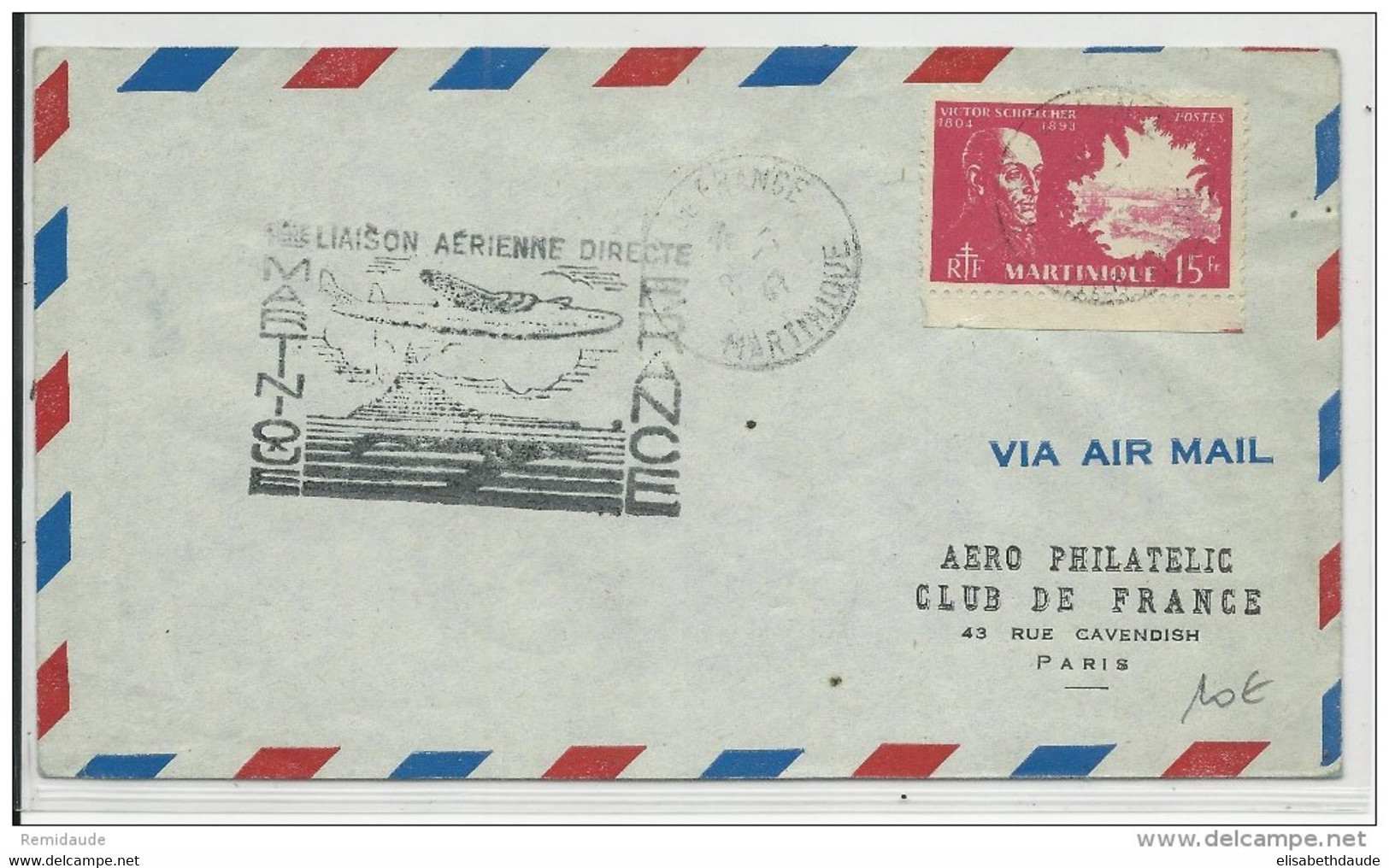 1947 - VIGNETTE AU DOS - ENVELOPPE 1° VOL DIRECT MARTINIQUE FRANCE De FORT DE FRANCE => PARIS - Brieven En Documenten