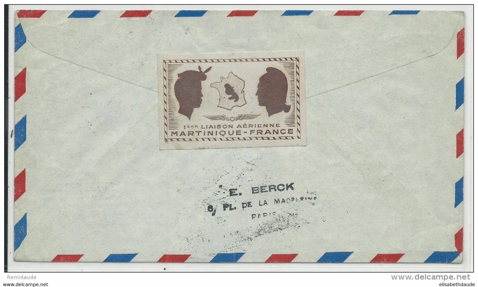 1947 - VIGNETTE AU DOS - ENVELOPPE 1° VOL DIRECT MARTINIQUE FRANCE De FORT DE FRANCE => PARIS - Storia Postale