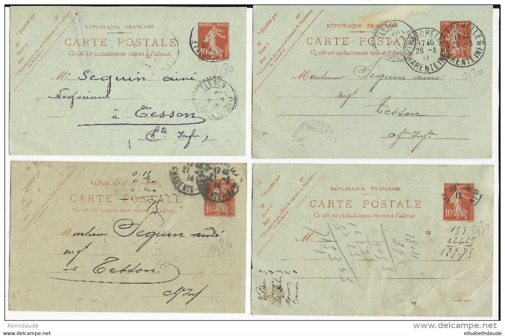 1911/14 - LOT De 4 CARTES ENTIER POSTAL TYPE SEMEUSE AVEC REPIQUAGE DIFFERENTS De ALLAVENE à LA ROCHELLE (CHARENTE MME) - AK Mit Aufdruck (vor 1995)