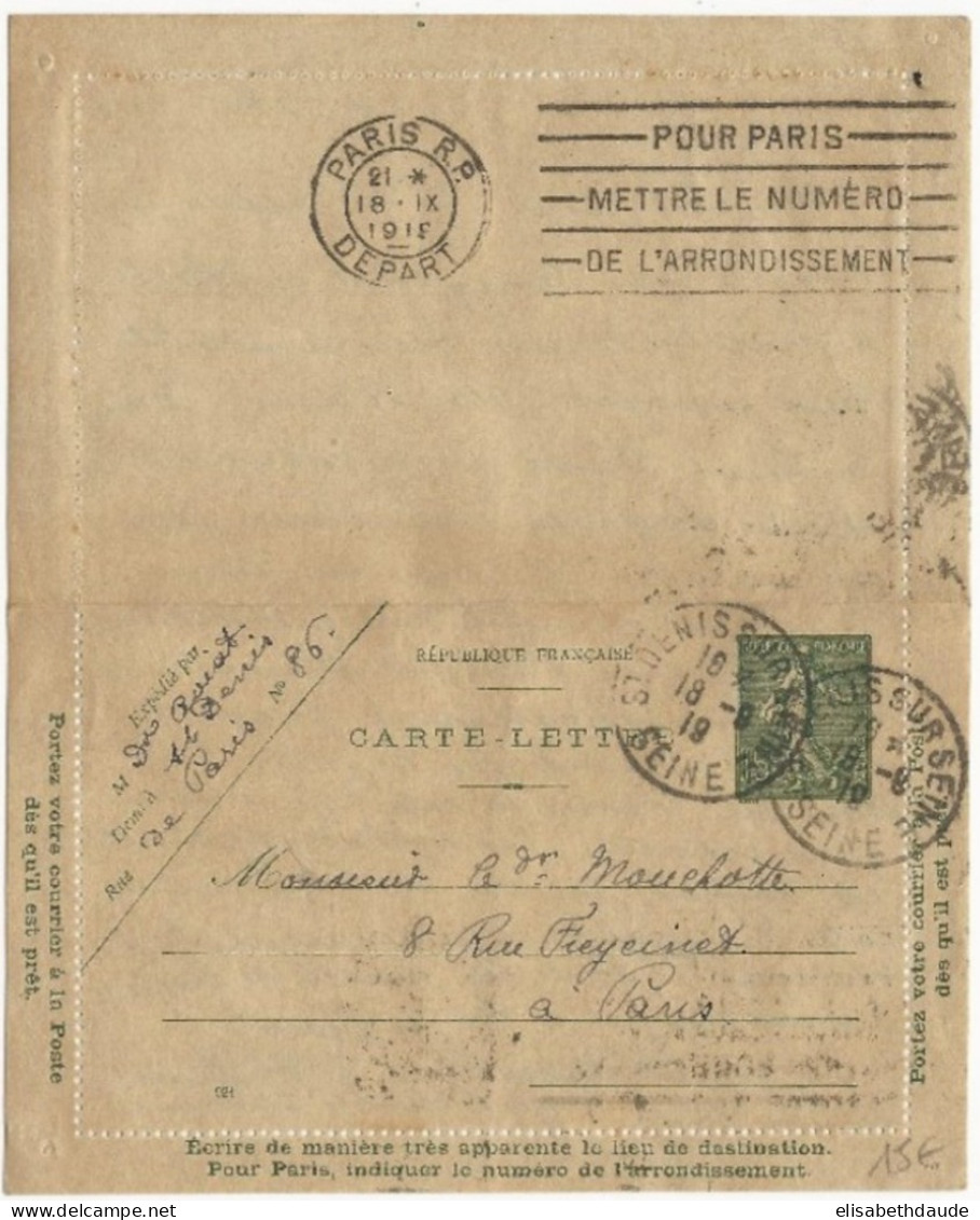1919 - CARTE-LETTRE ENTIER POSTAL TYPE SEMEUSE (RARE AVEC BORDS) AVEC DATE De SAINT DENIS Pour PARIS - Kartenbriefe