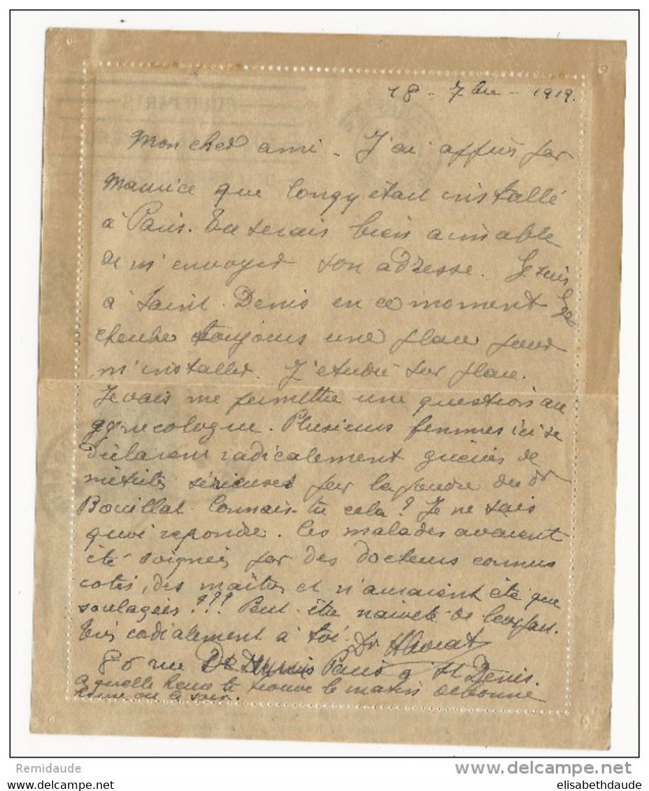 1919 - CARTE-LETTRE ENTIER POSTAL TYPE SEMEUSE (RARE AVEC BORDS) AVEC DATE De SAINT DENIS Pour PARIS - Tarjetas Cartas