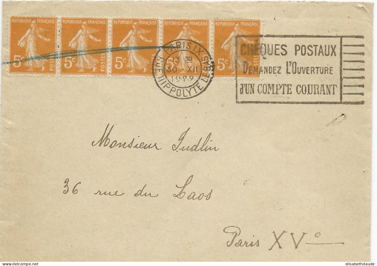 1922 - SEMEUSE - BANDE De 5 Sur ENVELOPPE De PARIS Avec MECA - 1906-38 Semeuse Camée