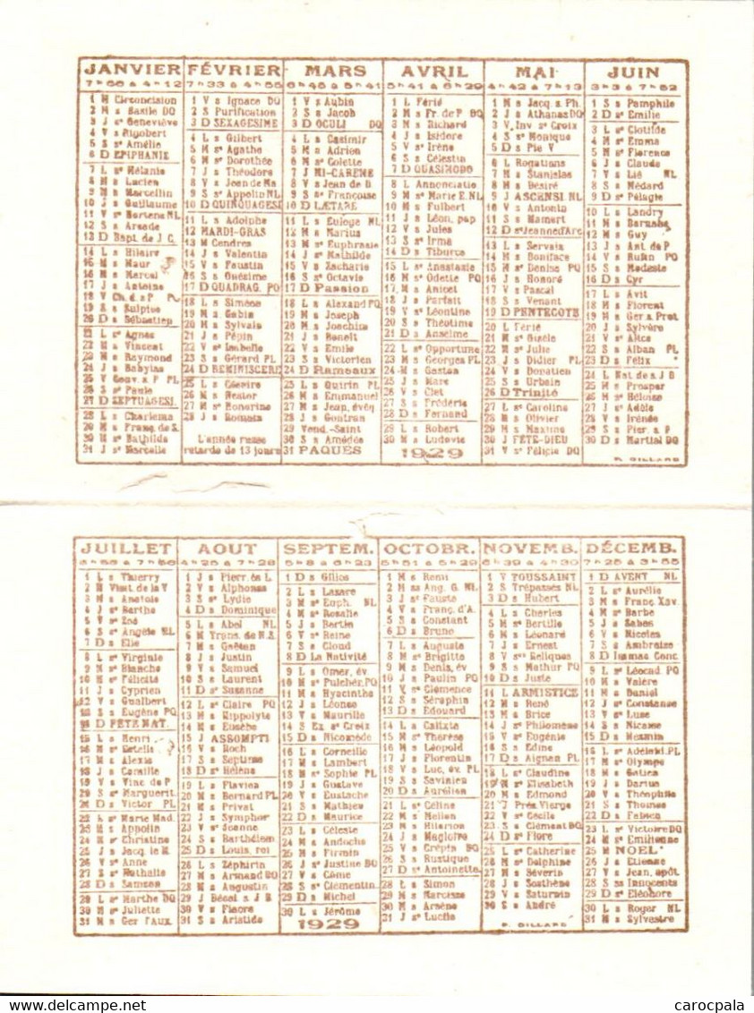 Calendrier 1929 Avec Bébé Dessus - Petit Format : 1921-40