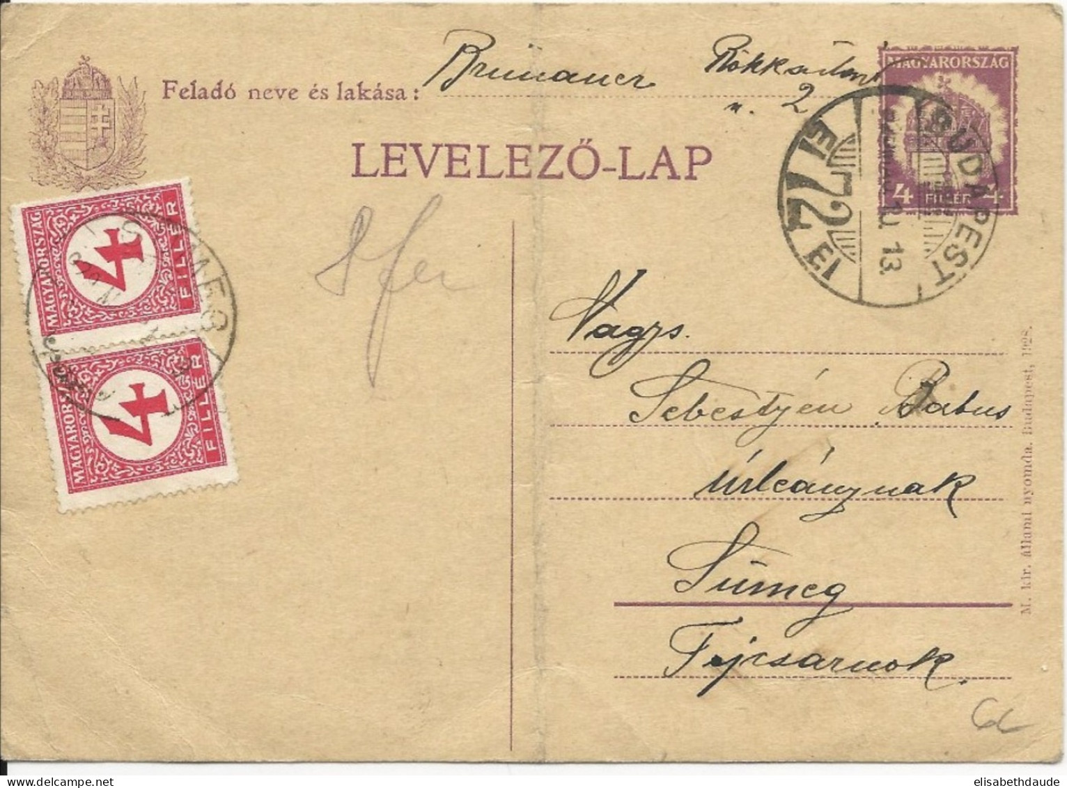 HONGRIE - 1929 - CARTE ENTIER De BUDAPEST Pour SUMEG Avec TAXE - Brieven En Documenten