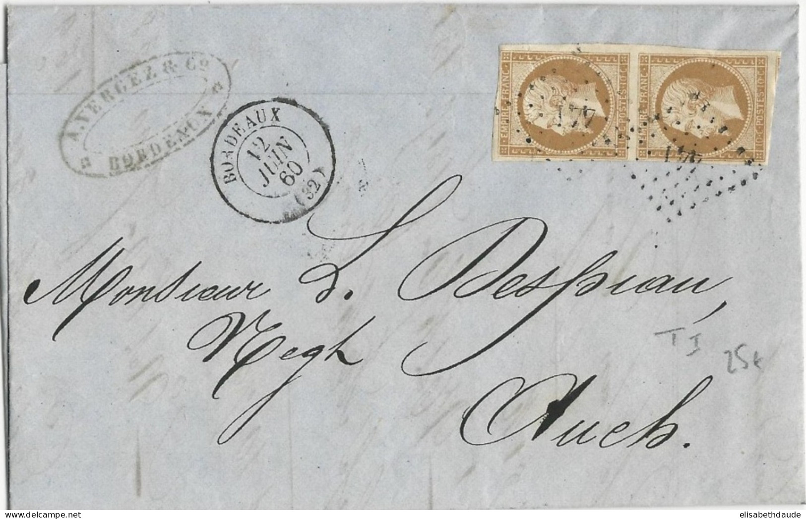 1860 - EMPIRE 10c TYPE 1 EN PAIRE SUR LETTRE De BORDEAUX Pour AUCH - 1853-1860 Napoleon III