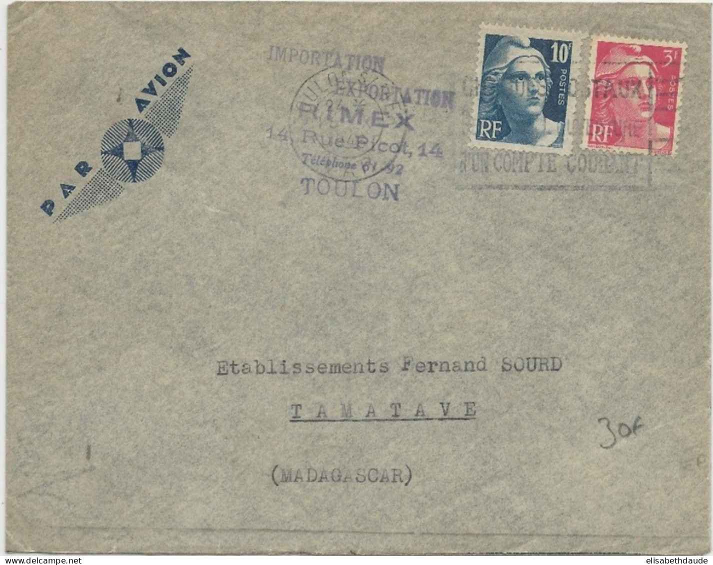 1946 - DESTINATION - GANDON SUR ENVELOPPE AIRMAIL De TOULON (VAR) Pour TAMATAVE (MADAGASCAR) - 1945-54 Maríanne De Gandon