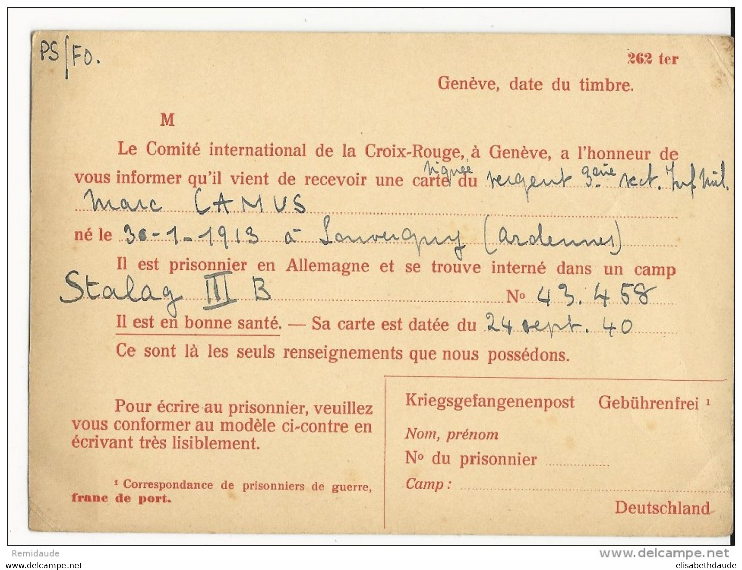 1940 - CARTE CROIX-ROUGE De GENEVE - AGENCE Des PRISONNIERS DE GUERRE - Pour ERMONT - Red Cross