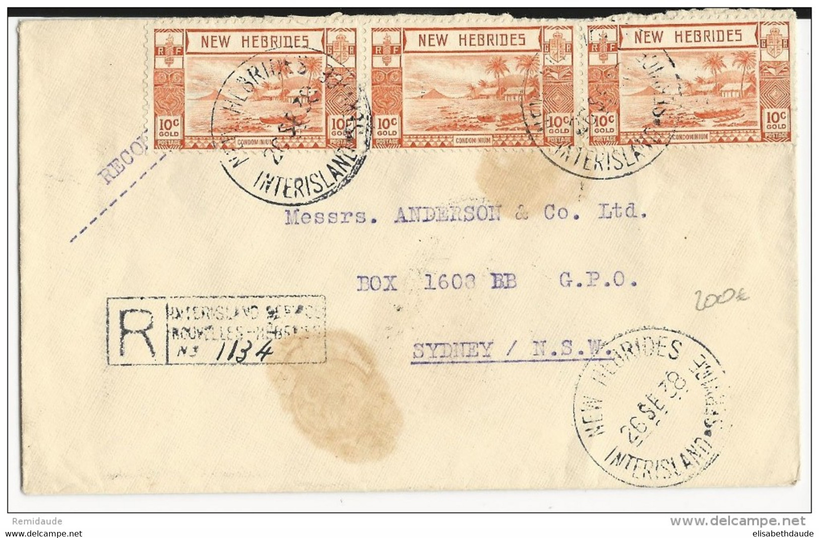 1938 - HEBRIDES - TRES RARE ! ENVELOPPE RECOMMANDEE Avec "INTERISLAND SERVICE" Pour SYDNEY (AUSTRALIE) - - Briefe U. Dokumente