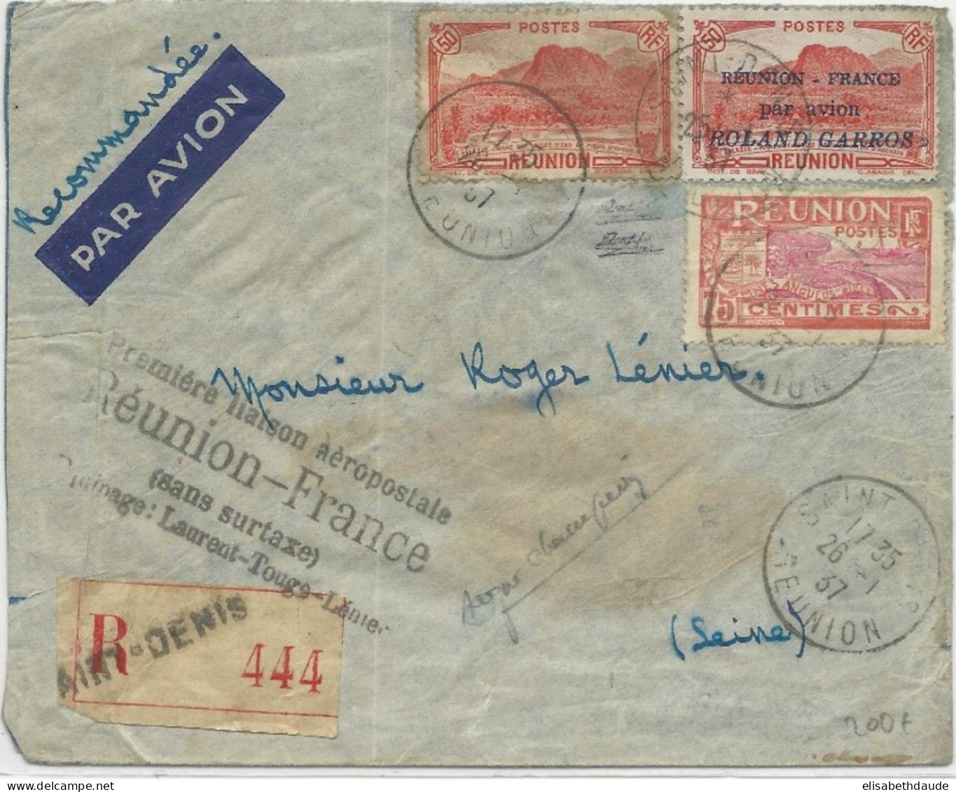 1937 - REUNION - POSTE AERIENNE YVERT N°1 OBLITERE (COTE = 310 EURO) - ROLAND GARROS - Covers & Documents